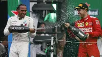 Pembalap Mercedes Lewis Hamilton, menyemprotkan sampanye ke arah pembalap Ferrari Sebastian Vettel setelah berhasil menjuarai balapan GP Meksiko di Autodromo Hermanos Rodriguez, Mexico City (28/10/2019). (AP Photo/Rebecca Blackwell)