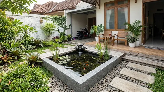 Inspirasi Kolam Sudut Berbentuk Segitiga dengan Desain Minimalis yang Bikin Halaman Kecil Terasa Luas Model Dekat dengan Teras