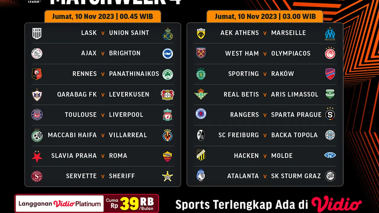 Jadwal dan Live Streaming Europa League Matchweek 4 di Vidio