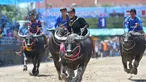 Para peserta berkompetisi dalam balap kerbau di Chonburi, Thailand, pada 1 Oktober 2020. Ratusan kerbau mengikuti festival balapan yang digelar setiap Oktober di kalangan petani untuk merayakan panen padi. (Xinhua/Rachen Sageamsak)