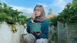 Mahasiswi UNPAD ini memang gaya tampilannya selalu pancarkan aura cantik. Momen mencium buah stroberi yang ia petik membuat Fhia kian memesona. Tak heran, foto cantik Fhia saat memetik stroberi ini banjir like dan komentar dari netizen. (Liputan6.com/IG/@alifhiafitri)