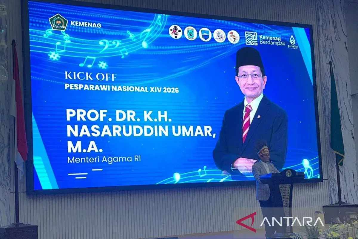 Menteri Agama Nasaruddin Umar membuka Kick Off Pesparawi XIV di Kemenag, Jakarta, Selasa (2/6/2026) (Antara)