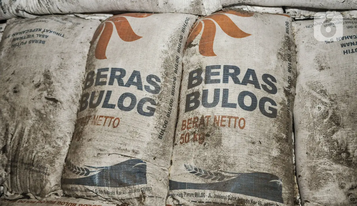 Kondisi karung berisi beras yang kotor dipenuhi debu di Gudang Bulog Divisi Regional DKI Jakarta, Kelapa Gading, Kamis (18/3/2021). Adapun dari total pengadaan sebanyak 1.785.450 ton beras, tersisa 275.811 ton beras belum tersalurkan. (merdeka.com/Iqbal S Nugroho)