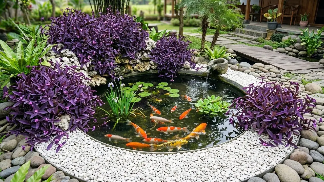 Inspirasi Kolam Minimalis dengan Tanaman Pinggir Berwarna Ungu