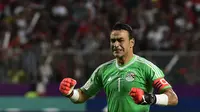 Ekspresi kiper Mesir, Essam El Hadary usai timnya mencetak gol ke gawang Uganda pada laga kualifikasi Piala Dunia 2018 di Borg El Arab Stadium, Alexandria, Mesir (5/9/2017). Mesir menang 1-0. (AFP/Khaled Desouki)