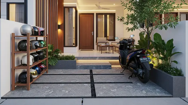 Model Teras Rumah Modern dengan Rak Helm & Parkir Motor Tertata/ Ilustrasi AI