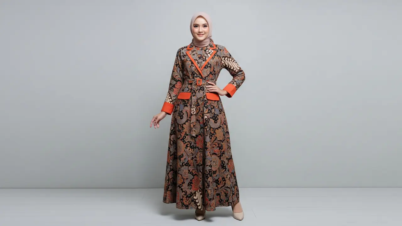 Model Gamis Batik Blazer Kombinasi Warna Kontras