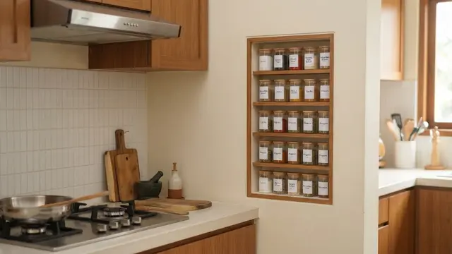 Ide rak bumbu yang menyatu dengan dinding dapur sehingga terlihat rapi dan elegan, model tanam di dalam dinding