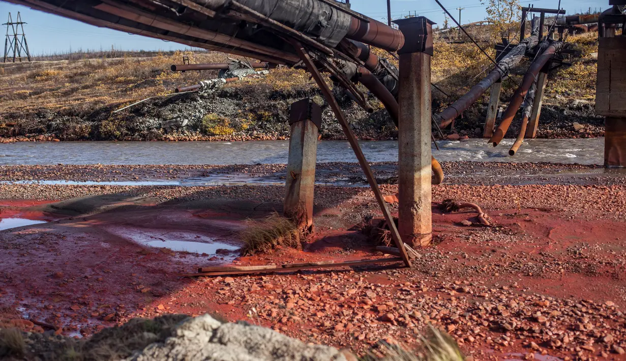 Pemandangan sungai Daldykan yang memiliki aliran air berwarna merah mirip darah di Krasnoyarsk, Rusia, 8 September 2016. Sungai itu berubah menjadi merah karena tumpahan nikel yang hanyut dari pabrik nikel terbesar di dunia, Norilsk Nickel. (REUTERS)