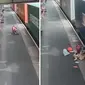 Sebuah CCTV di sebuah stasiun kereta api memperlihatkan kereta bayi hancur dilindas kereta api karena kurang penjagaan dari penumpang.