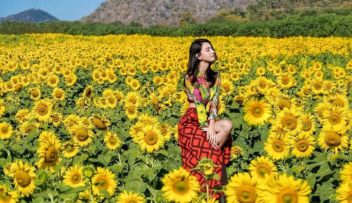 Pemeran Parn di film Suddenly Twenty ini memang senang sekali berkunjung di taman bunga. Kesenangan Davikah terlihat jelas dari raut wajah yang tersenyum. Terlebih taman bunga yang dikunjunginya bunga matahari dengan pemandangan yang menakjubkan. (Liputan6.com/IG/@davikah)