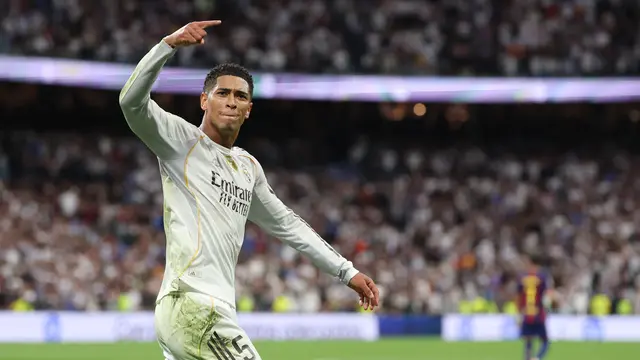 Selebrasi Jude Bellingham saat Real Madrid menang 2-1 atas Barcelona di LaLiga 2025/2026