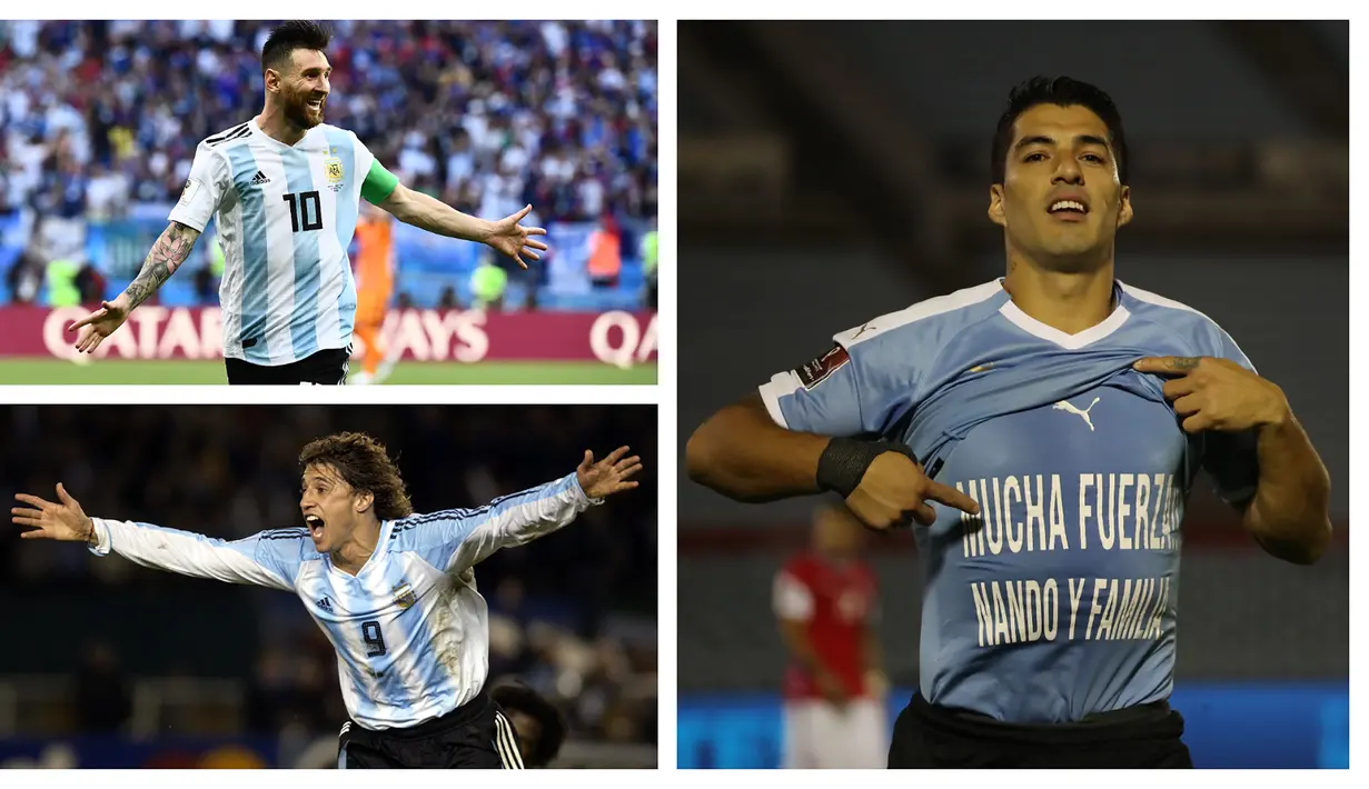 Tercatat ada lima pemain di posisi teratas dalam daftar top skor babak kualifikasi Piala Dunia zona Amerika Selatan atau CONMEBOL sepanjang masa. Dua pemain di posisi teratas hingga kini masih aktif bermain, Luis Suarez dan Lionel Messi. Yang lain? (Kolase Foto AFP)