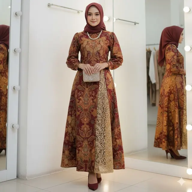 Gamis Brokat dengan Lengan Bishop Warna Maroon