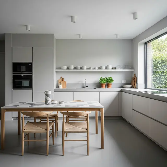 Dapur Rumah Minimalis Menyatu Ruang Makan dengan Meja Keramik Simpel