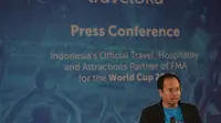CMO Traveloka, Dannis Muhammad memberikan pemaparan terkait partisipasi Traveloka pada ajang Piala Dunia 2018, di Jakarta, Kamis (1/3/2018). (Traveloka)