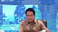 Direktur Utama PT Bank Syariah Indonesia Tbk (BSI) Hery Gunardi&nbsp;dalam konferensi pers Kinerja Kuartal I-2024, Selasa (30/4/2024). (Tira/Liputan6.com)