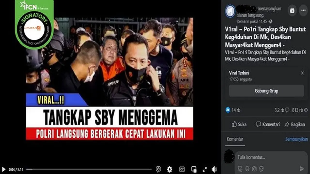 Gambar Tangkapan Layar Kabar Hoaks tentang Polri Tangkap SBY Buntut Kegaduhan di MK (sumber: Facebook).