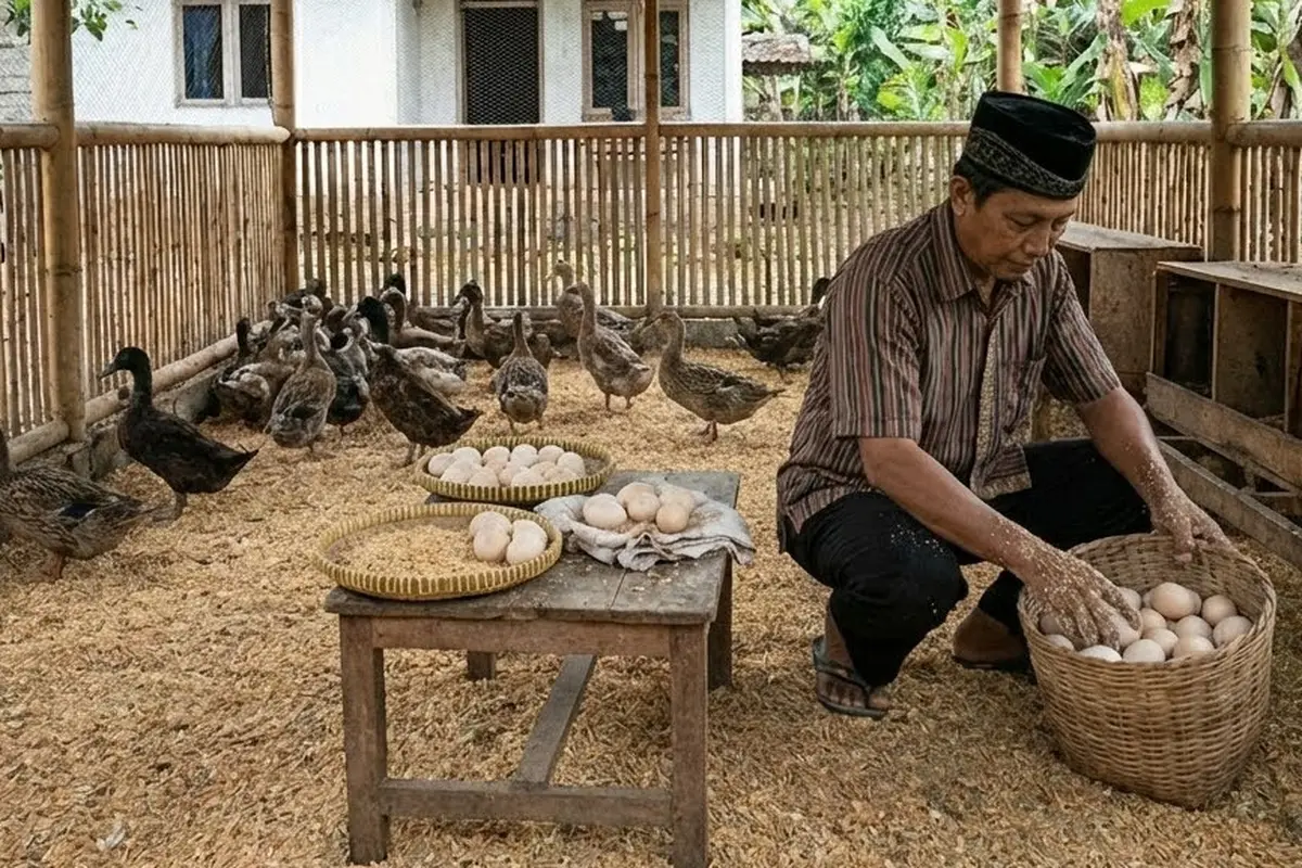 Mengambil dan menyortir telur ternak bebek di halaman rumah tanpa kolam (Gemini AI)