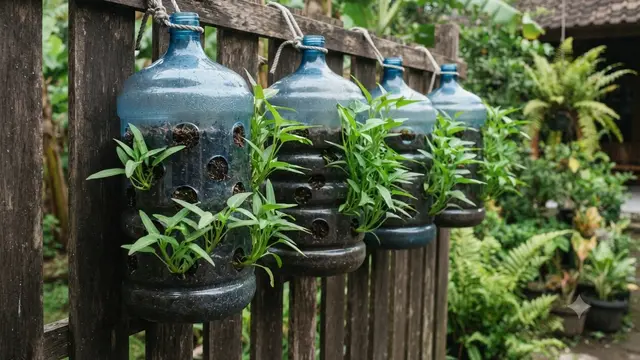 Ide Galon Bekas Jadi Pot Kangkung Gantung di Pagar Rumah