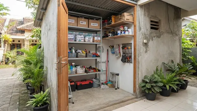 Desain gudang mini 1x2 meter di samping rumah sebagai contoh yang bisa jadi ruang serbaguna model rak dinding untuk peralatan rumah