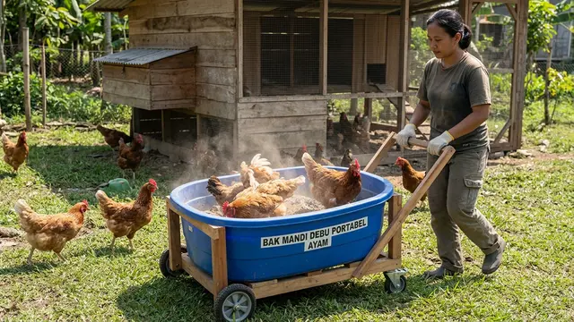 Tempat Debu Ayam dengan Bak Mandi Debu Portabel (AI Generated)