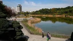 Orang-orang menikmati hari musim gugur yang hangat di Taman Olimpiade di Seoul, Korea Selatan (15/10/2020). Banyak warga memilih datang ke taman-taman publik untuk melakukan aktivitas luar ruangan di tengah musim gugur. (Xinhua/Wang Jingqiang)