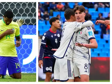 Dua tim unggulan di Grup D, Brasil dan Italia memastikan lolos ke babak 16 besar Piala Dunia U-20 2023 setelah sama-sama memetik kemenangan atas lawan-lawannya pada laga pamungkas fase grup, Minggu (28/5/2023) dini hari WIB. Brasil yang akhirnya berstatus juara Grup D meski sama-sama mengoleksi 6 poin dengan Italia namun memiiki keunggulan selisih gol, sukses mengalahkan Nigeria 3-0. Sementara Italia berpesta tiga gol tanpa balas ke gawang Republik Dominika. (Kolase Foto AP Photo)