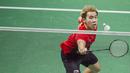 Pebulutangkis Indonesia, Marcus Gideon, saat melawan wakil China Taipei, Lee Jhe-Huei/Lee Yang, pada laga Asian Games di Istora, Jakarta, Senin (27/8/2018). Kevin/Marcus menang 21-15, 20-22, dan 21-12. (Bola.com/Vitalis Yogi Trisna)