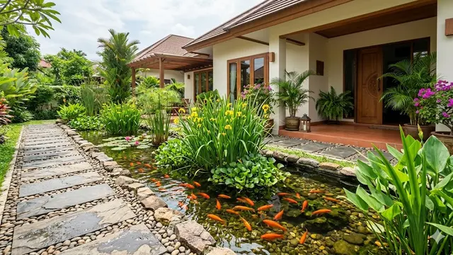 Desain Kolam Ikan Dangkal yang Menggabungkan Ikan dan Tanaman Hias
