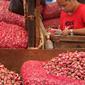 Pedagang menjajakan bawang merah di Pasar Induk Kramat Jati, Jakarta, Selasa (2/4/2019). Sejumlah pedagang di Pasar Induk Kramat Jati mengaku harga bawang merah dan bawang putih relatif stabil, meskipun terjadi kenaikan harga di beberapa daerah. (Liputan6.com/Immanuel Antonius)