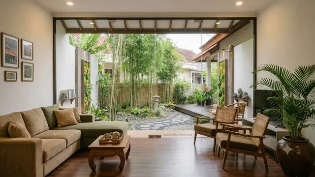 Desain Ruang Tamu dengan Dinding Kaca untuk Rumah Sederhana yang Sempit/AI Generated