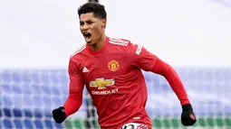 MARCUS RASHFORD CETAK GOL KE-50: Rashford mengukir pencapaian istimewa saat Manchester United ditahan Leicester City 2-2 pada laga Liga Inggris. Pemain asal Inggris itu mencetak gol ke-50 di Premier League pada usia 23 tahun 56 hari. (AFP/Pool/Michael Regan)