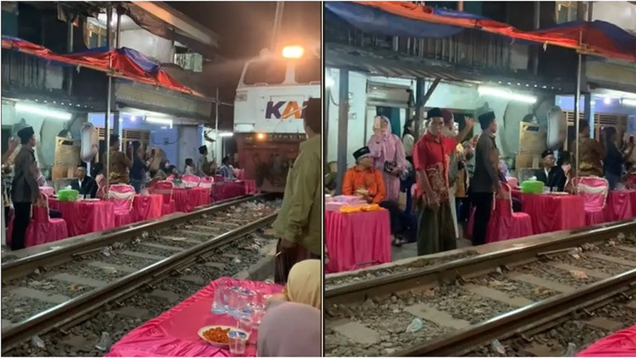 Momen Suasana Kondangan di Rel Kereta Api, Warganet: Pelan-Pelan Pak Sopir