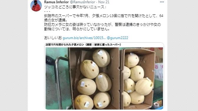 Perempuan Hokkaido ditangkap setelah melubangi melon mahal dengan jarinya. (Screenshot Twitter @RamusInferior)
