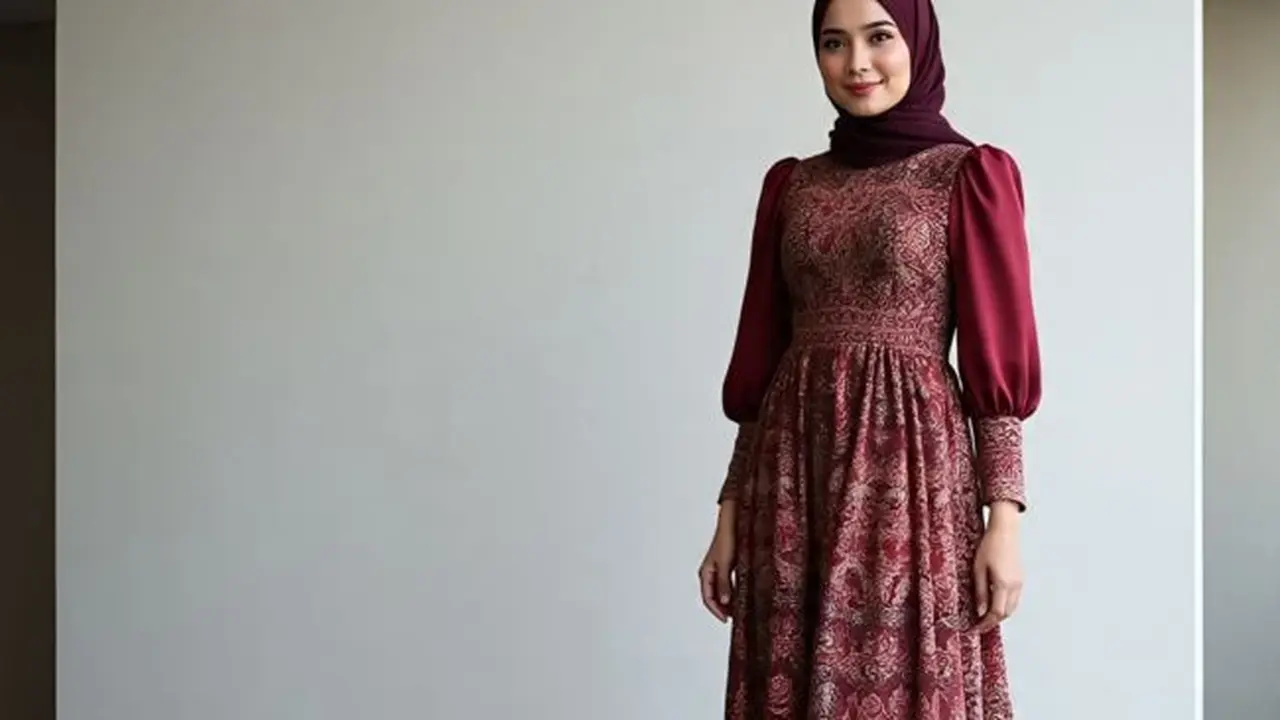 Long Dress Brokat Kombinasi Batik Modern Lengan Bishop (Sumber Gambar: Meta AI)