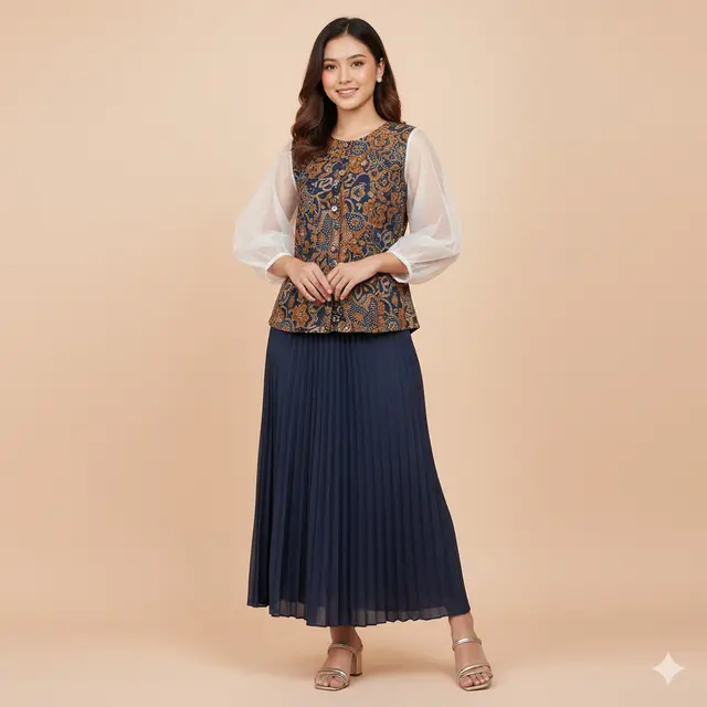 Model Blouse Batik Kombinasi Organza Lengan Bishop untuk Pesta Keluarga. Gemini