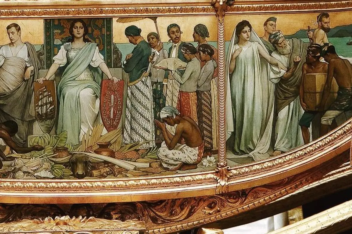 Gambar perbudakan Indonesia yang terlukis di sebuah kereta emas Belanda.