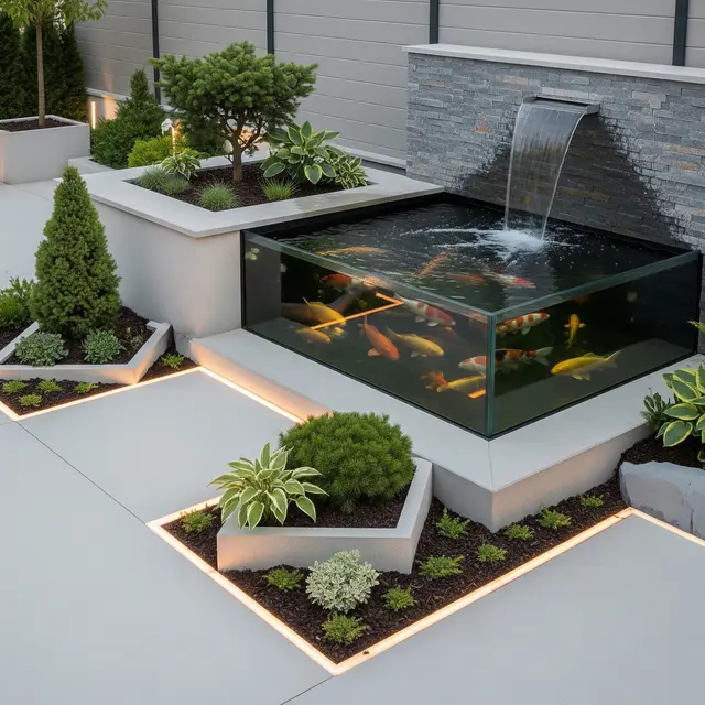 Taman Minimalis dengan Kolam Ikan Tertutup yang Bikin Rumah Terlihat Lebih Asri (Gemini AI)