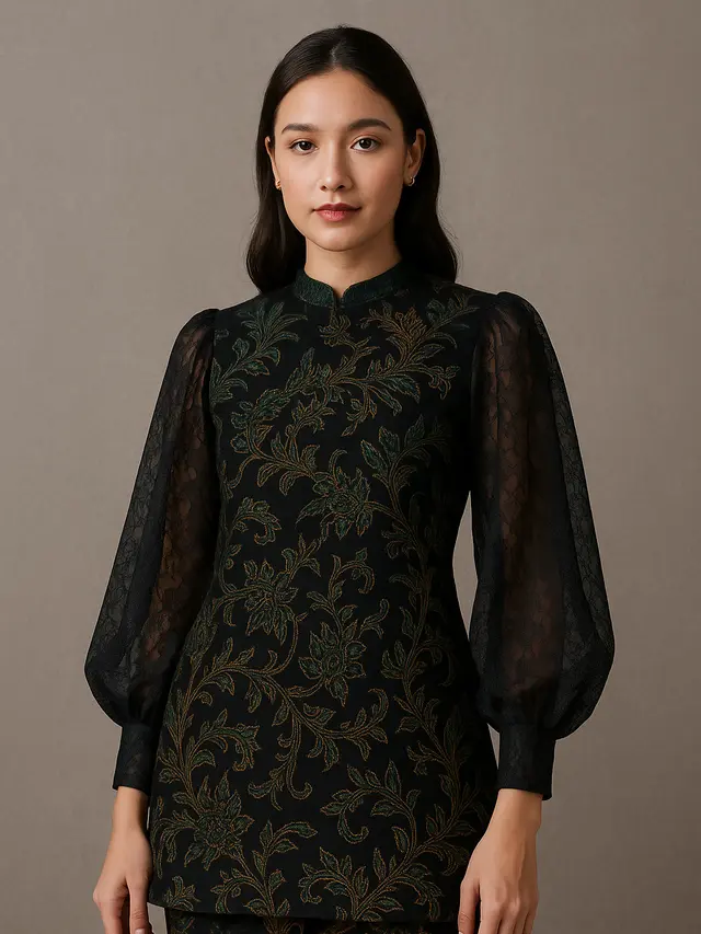 Model Tunik Batik Kombinasi Brokat Lengan Bishop