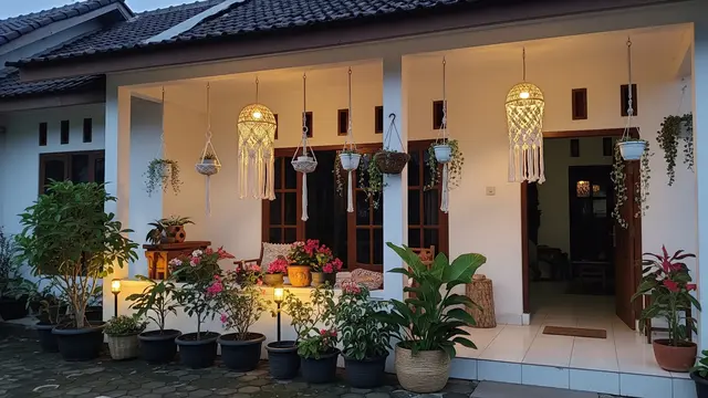 Ide Teras Estetik Memakai Bunga Hias dan Lampu Taman/AI Generated
