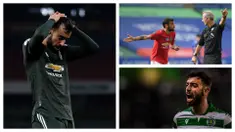 kumpulan beberapa foto ekspresi kesal dan kekecewaan pemain Manchester United, Bruno Fernandes. (Foto: AFP)
