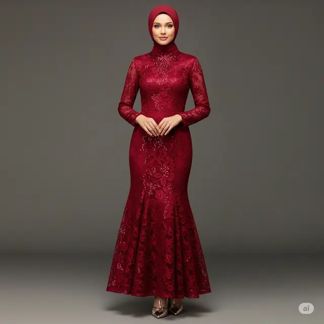 Inspirasi Gaun Pesta Muslimah High Neck Lace.