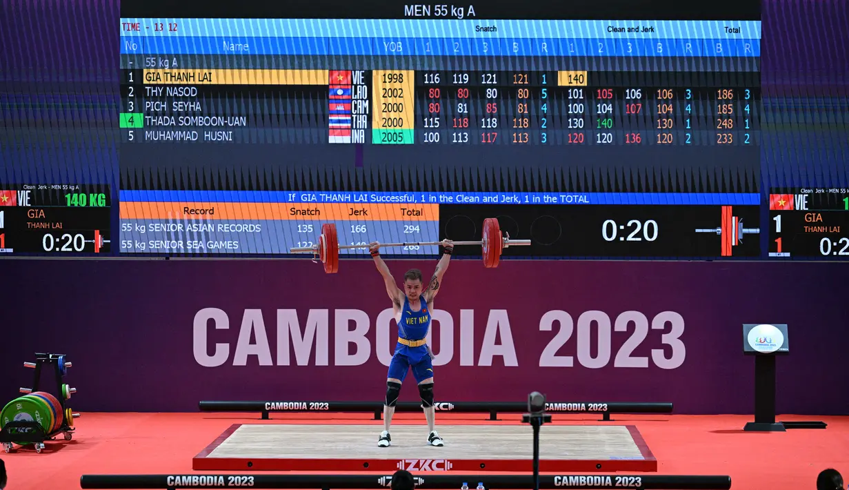 Lai Gia Thanh dari Vietnam bertanding dalam cabang angkat besi 55 kilogrm putra pada Pesta Olahraga Asia Tenggara (SEA Games) ke-32 di Phnom Penh pada 13 Mei 2023. Ia meraih emas dengan  mencatatkan total angkatan 261 kilogram dengan rincian angkatan snatch 121 kilogram dan angkatan clean and jerk 140 kilogram. (AFP/Mohd Rasfan)