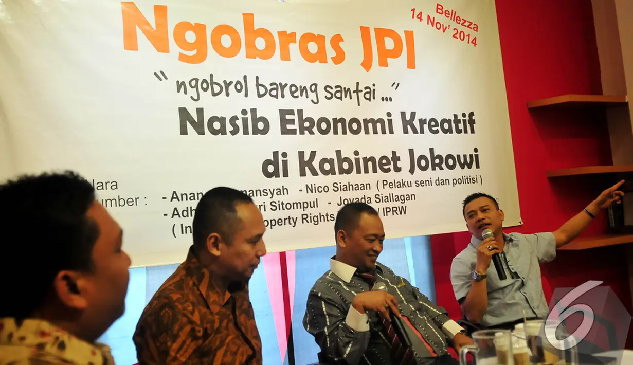 Suasana diskusi Ngobrol Bareng Santai (Ngobras) JPI dengan tema "Nasib Ekonomi Kreatif di Kabinet Jokowi", Jakarta, Jumat (14/11/2014) (Liputan6/Johan Tallo)