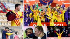 Para pemain Barcelona tak kuasa untuk menutupi kebahagiaan setelah berhasil meraih trofi perdana di era Ronald Koeman. Lionel Messi dkk menjuarai Copa del Rey usai menaklukkan Athletic Bilbao dengan skor telak empat gol tanpa balas.