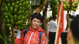 Seorang wisatawan berfoto di samping pohon pisang di rumah kaca buah-buahan tropis di Wanchang, Wilayah Yongji, yang terletak di Kota Jilin, Provinsi Jilin, China timur laut (12/8/2020). (Xinhua/Xu Chang)