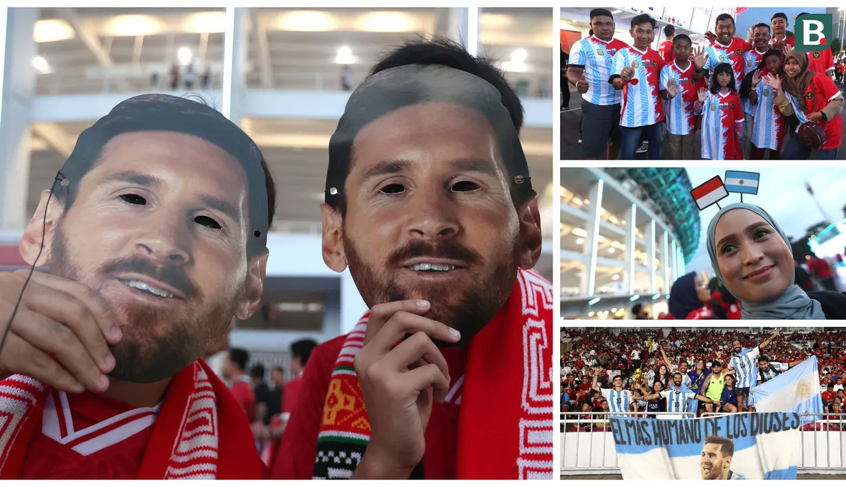 Istri dan anak mantan pemain Liga 1 asal Argentina, Gustavo Chena (kiri) dan sejumlah penudukung asal Argentina berpose di depan fotografer sebelum laga FIFA Matchday antara Timnas Indonesia melawan Argentina di Satdion Utama Gelora Bung Karno (SUGBK), Senayan, Jakarta, Senin (19/06/2023). (Bola.com/Bagaskara Lazuardi)