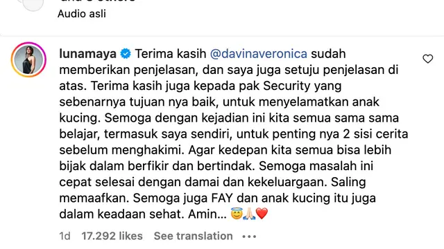 Pernyataan sikap Luna Maya. (Foto: Dok. Instagram @lunamaya)