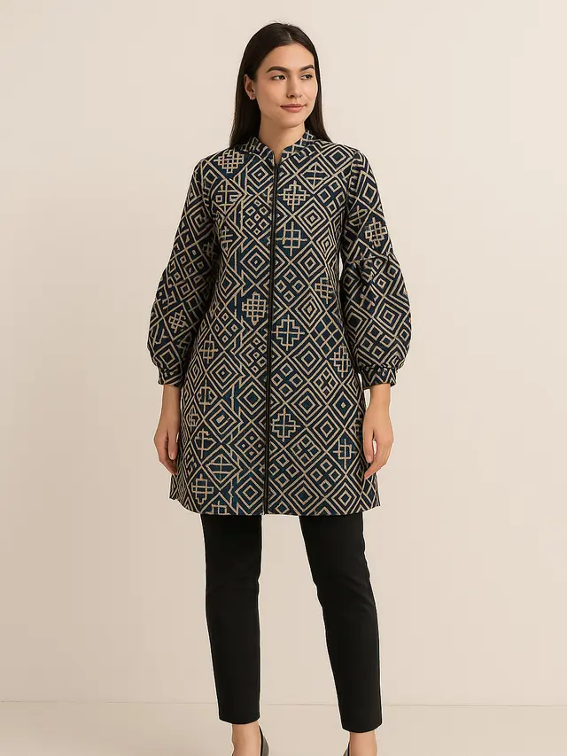 Model Tunik Batik Resleting Depan Kombinasi Lengan Balon